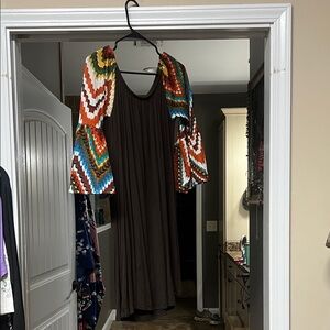 Brown Maxi Dress with Multicolor Chevron Bell Sleeves